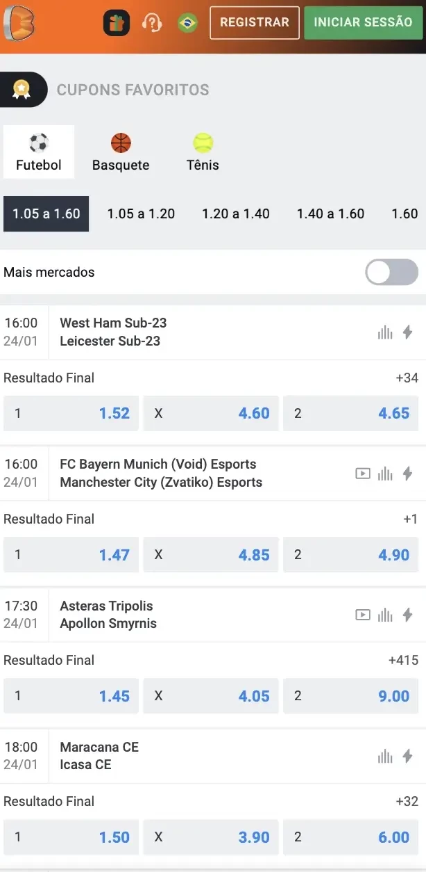 Captura de ecrã de odds de futebol para apostar na Betano Brasil